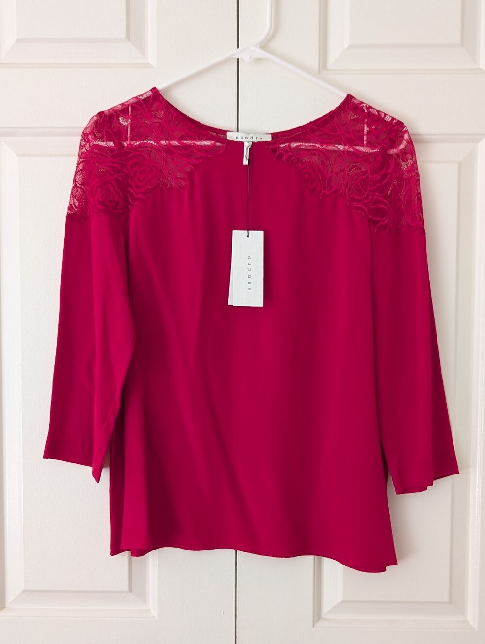 Sandro Silk Lace Top In Red/Magenta